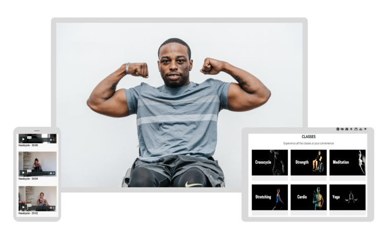 African American man on his wheel chair, showing how to excercise biceps.